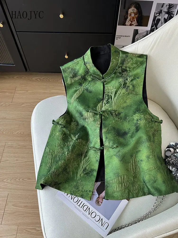 Green Chinese Style Embroidered Vest With Buckle for Women