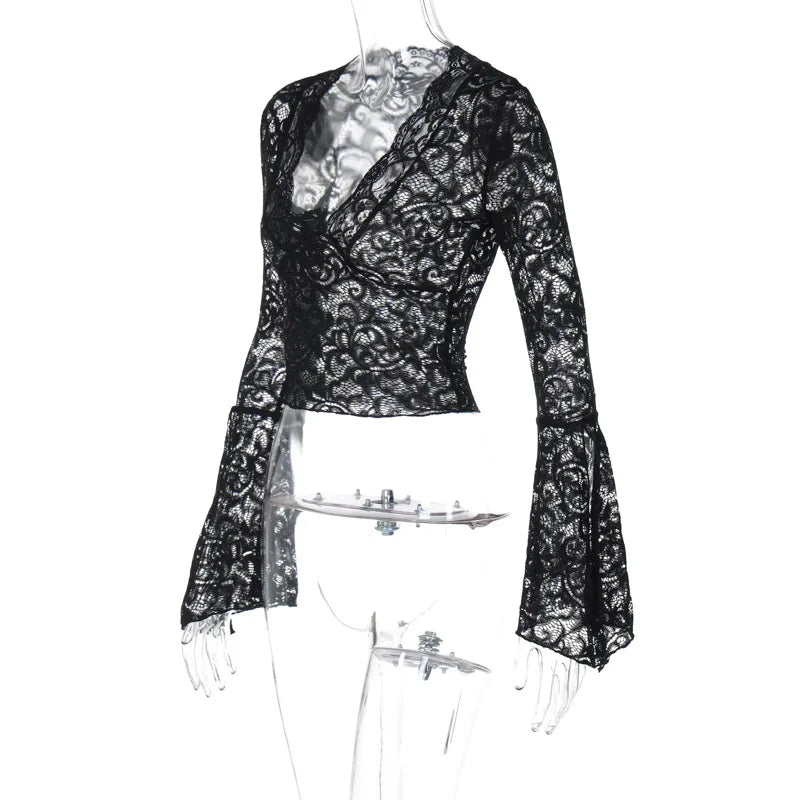 Aesthetic Lace Top Women Sexy Clothing See Through Deep V Neck Flared Long Sleeve T Shirts Party Clothes Clubwear