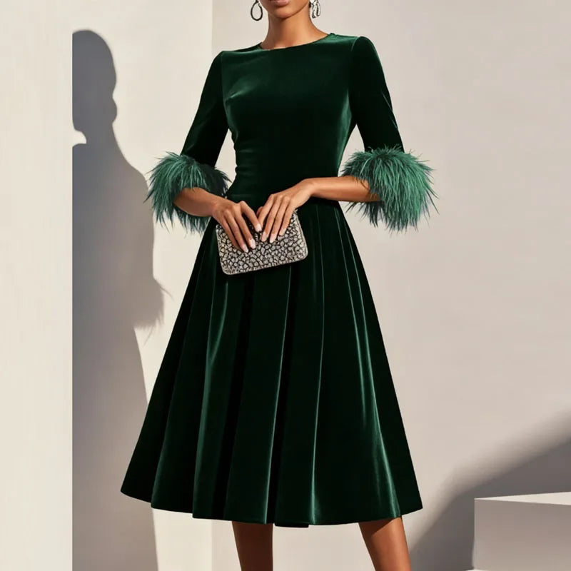 Elegant Feather Trim Velvet A-Line Party Dress for Women