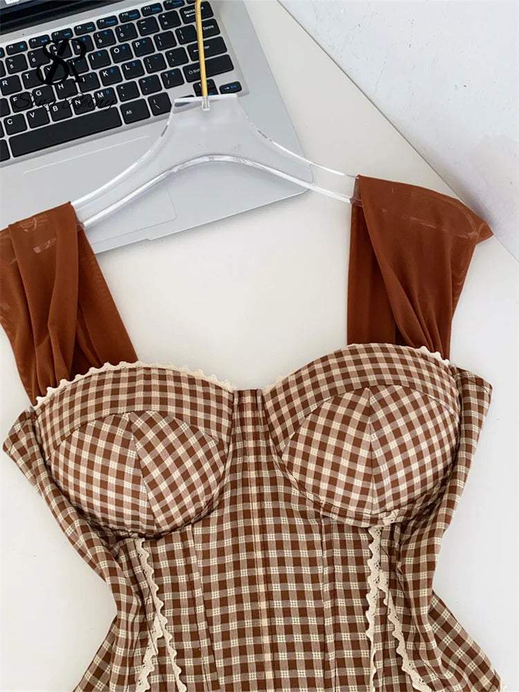 Retro Gingham Lace Up Bustier Corset Top for Women