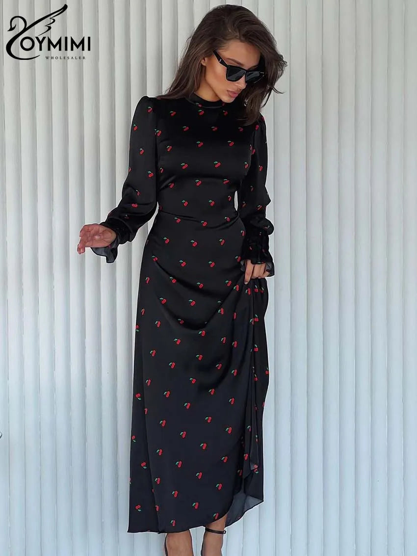Oymimi Elegant Black Print Dresses For Women Fashion O-Neck Long Sleeve Dresses Casual New High Waist Lace-Up Ankle-Length Dress