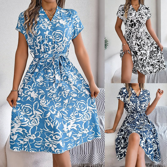 Casual V-neck Button Batwing Sleeve Floral Maxi Dress Spring Summer 2024 Women's Clothing Cross-Border Fashion Dress