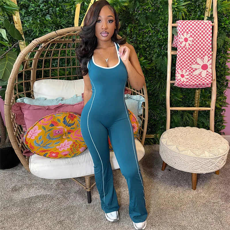 FAGADOER Fashion Striped Patchwork Bodycon Jumpsuits Women Sleeveless Backless Hollow Out Rompers Female Streetwear Overall New