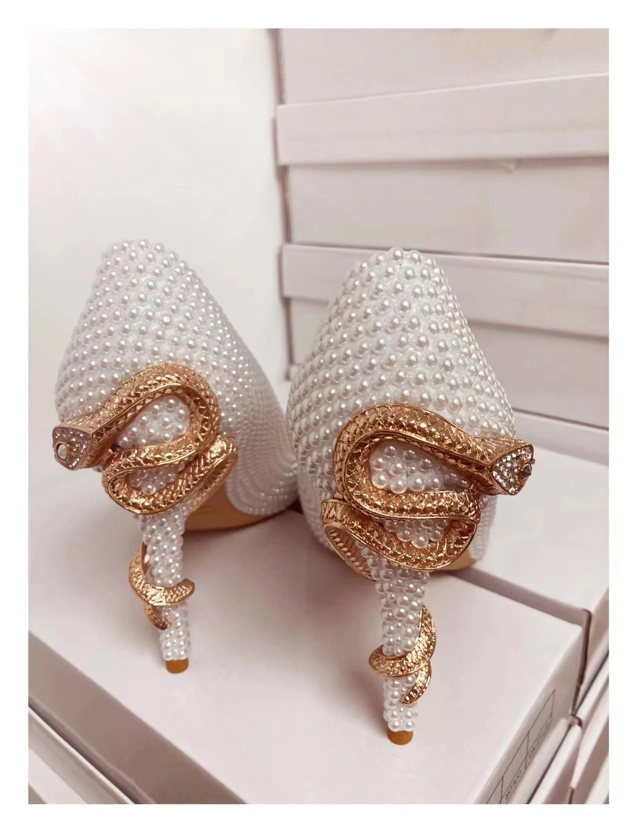 Golden Pearl Embellished Bridal High Heel Pumps For Women
