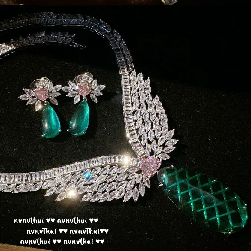 Zircon Heart Necklace and Earrings Set for Women