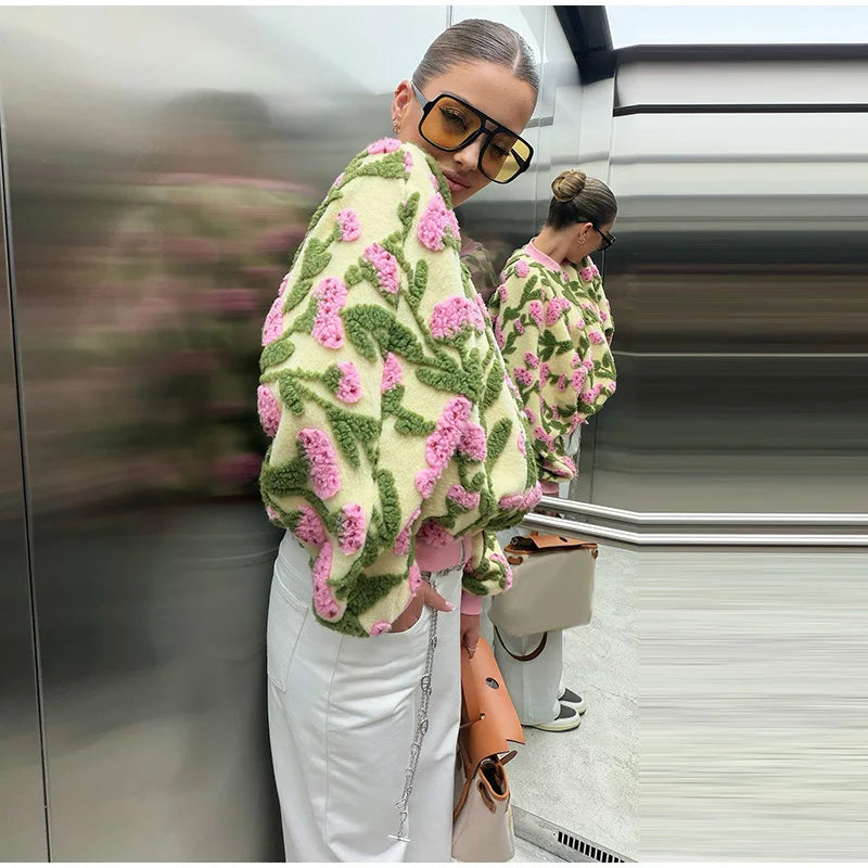 Casual Floral Print Bomber Jacket With Collar For Women