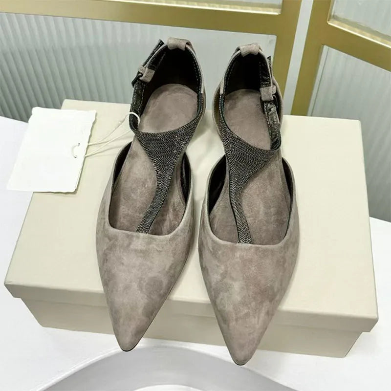 Genuine Leather Pointed Toe Flats With Beaded Ankle Strap For Women