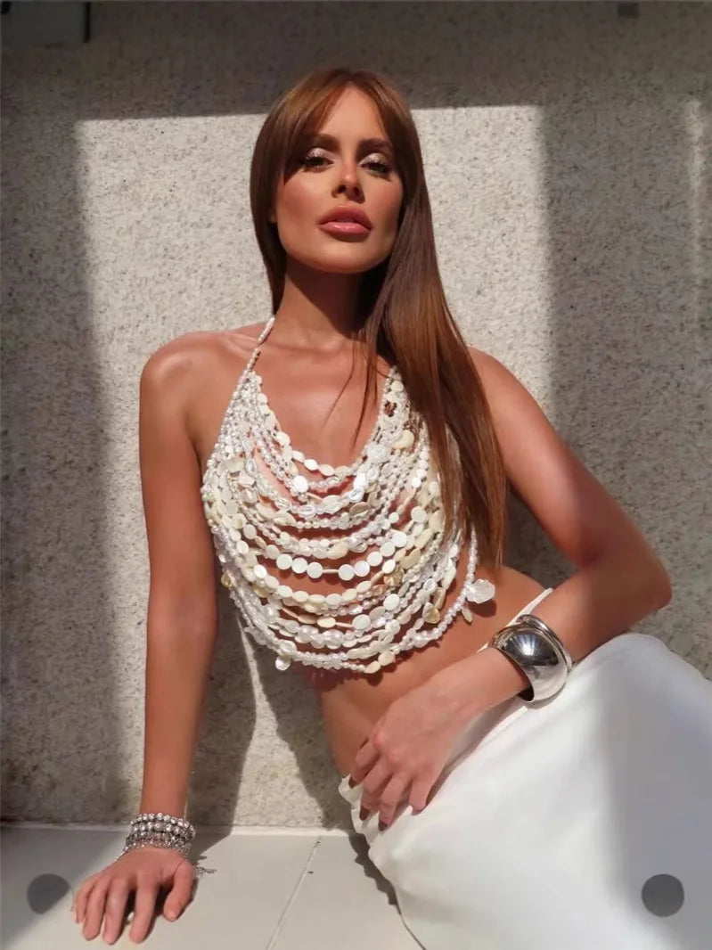 Multi Layer Pearl Beaded Front Chest Necklace For Women