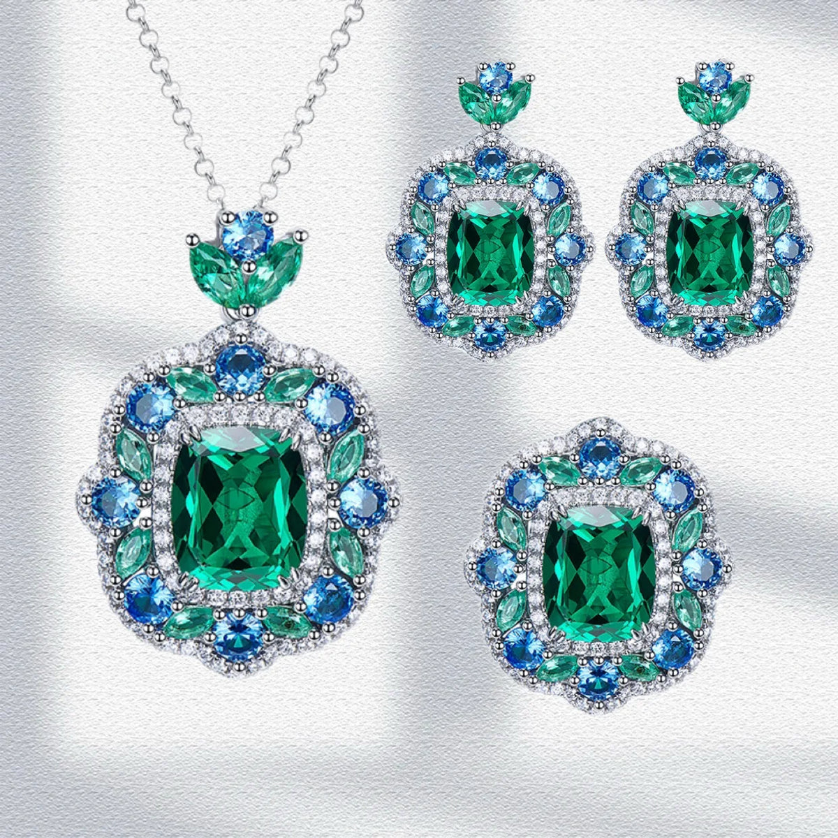 Emerald Zircon Necklace Ring and Earring Set for Women