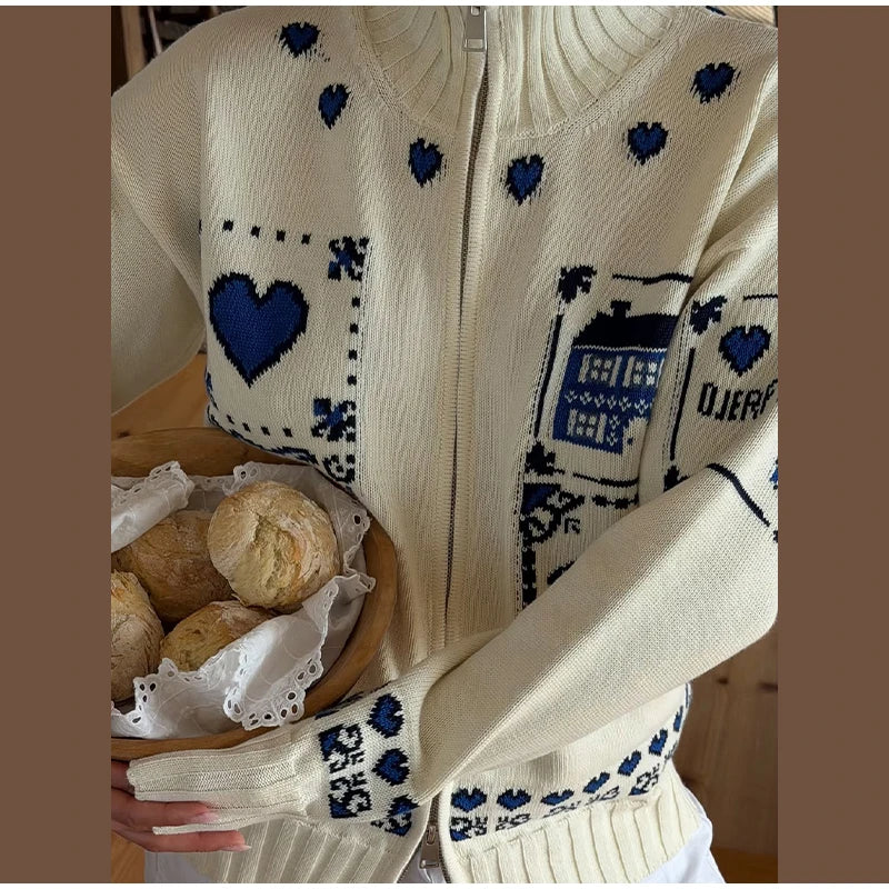 Blue Jacquard Stand Collar Zipper Cardigan for Women