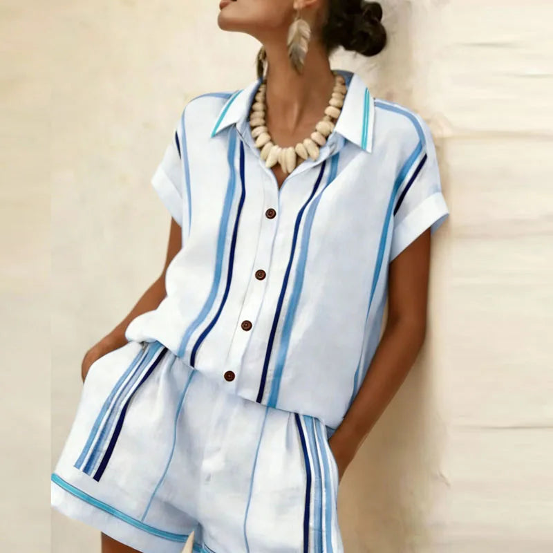 High Waist Striped Button Up Two Piece Shorts Set for Women