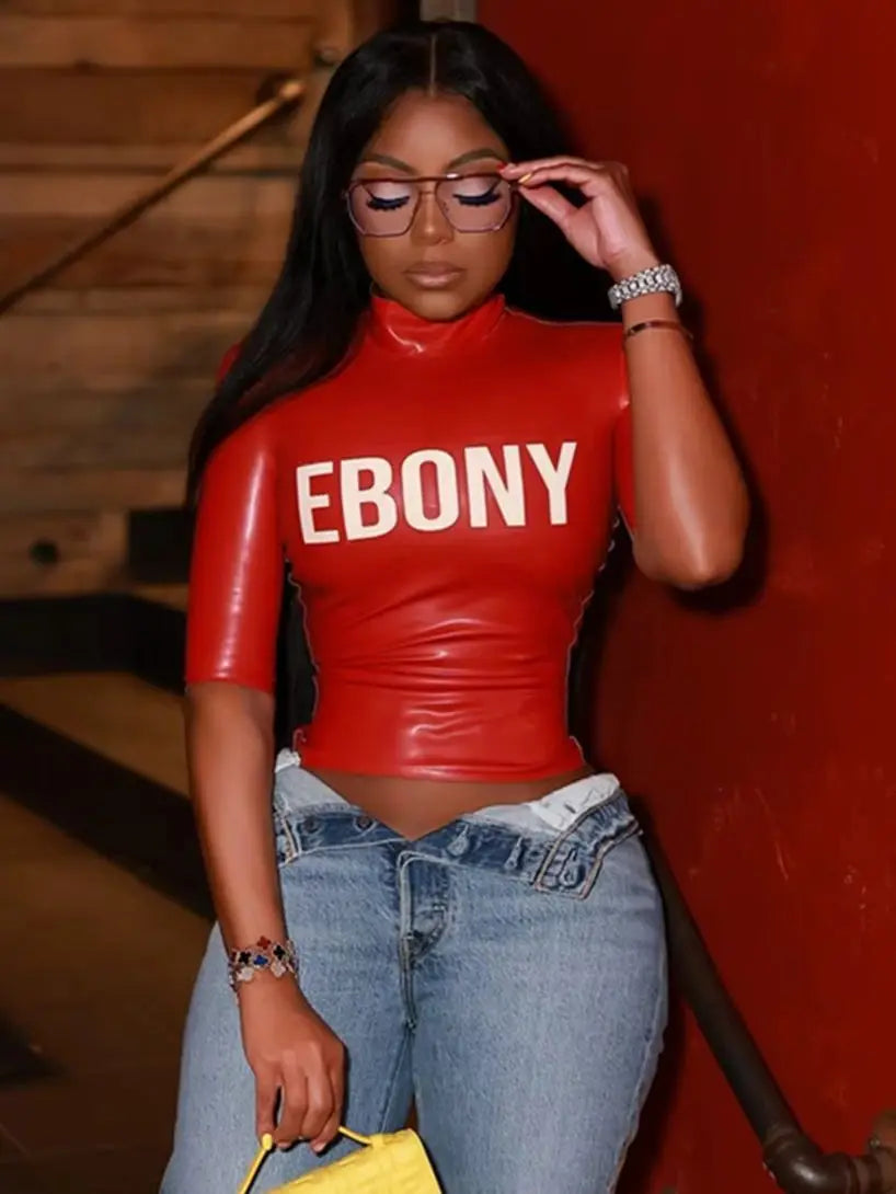 Short Sleeve Faux Leather Turtleneck Top for Women