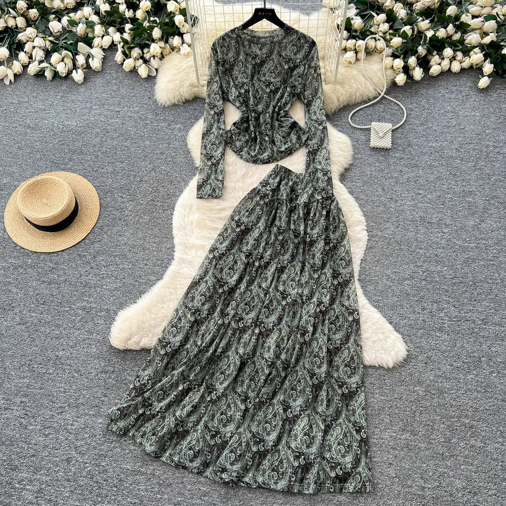 Printed Skirt Set With Long Sleeve Top