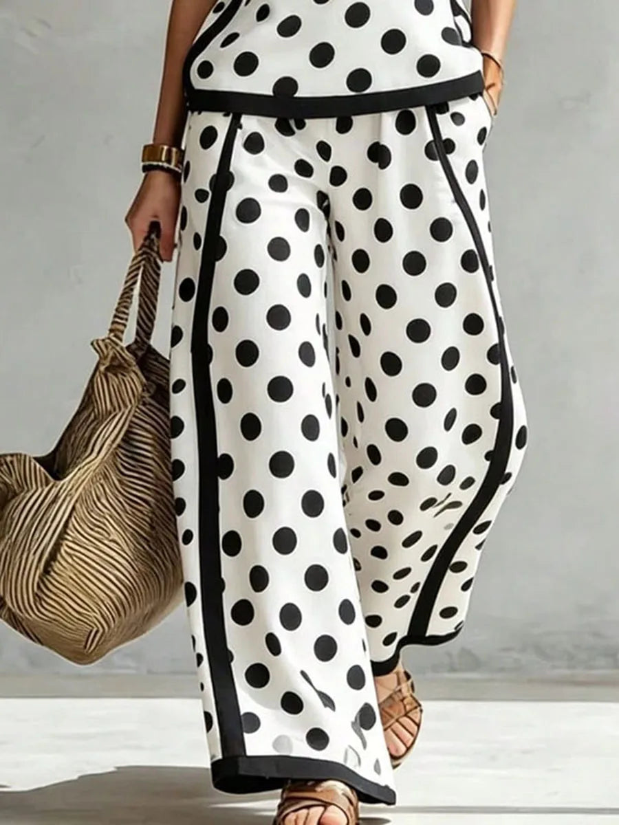Bonboho Women Black White Polka Dot Wide Leg Pants Contrast Black Strip Side Loose Casual Trousers Stylish Matching Pants
