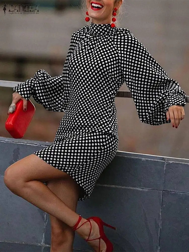 ZANZEA Bohemian Printed Vestidos 2024 Women Turtleneck Dresses Casual Zipper Mini Sundress Fashion Lantern Long Sleeve Robe