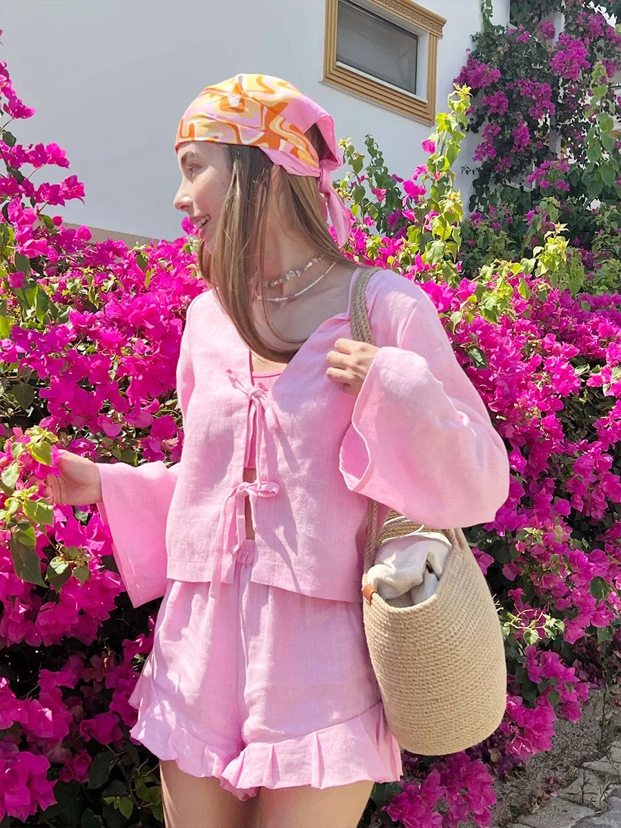 Cotton V Neck Long Sleeve Loose Casual Two Piece Shorts Set For Women
