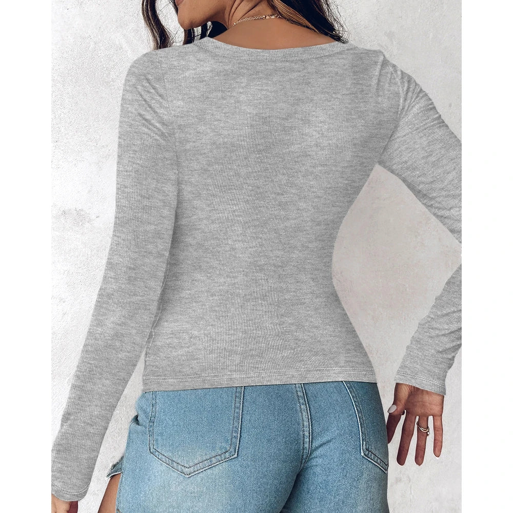 Autumn Spring Women U-Neck Built-in Bra Long Sleeve Ribbed Top Femme Skinny Casual Basic Easy Matching T-Shirts