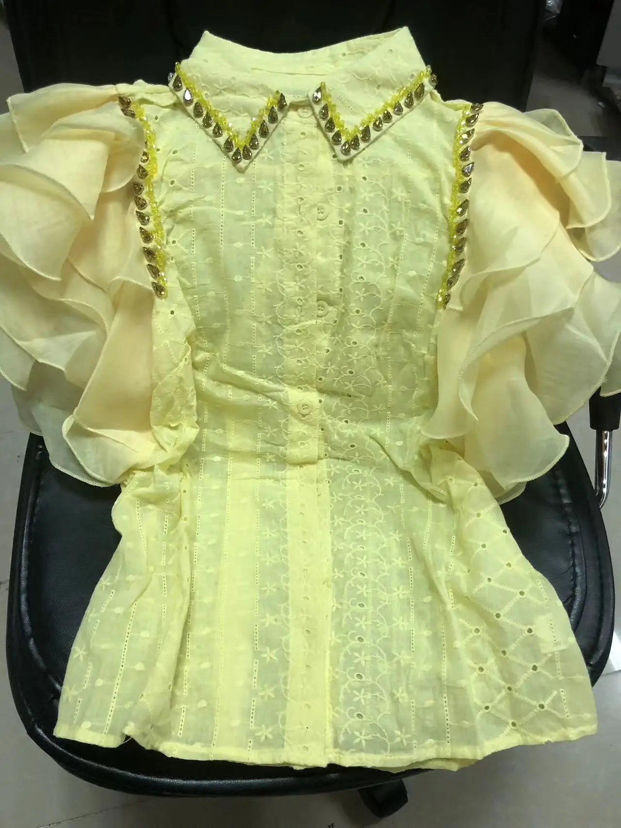 Diamond Stitch Jacquard Cotton Blouse With Ruffles for Women