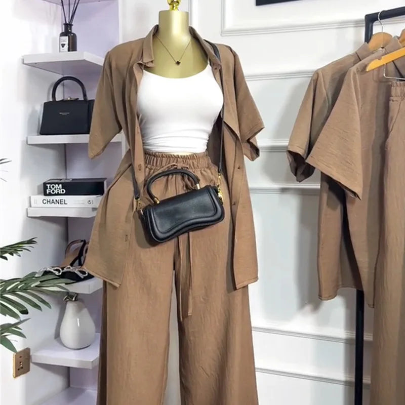 Casual Two Piece Shirt and Wide Leg Pants Set for Women