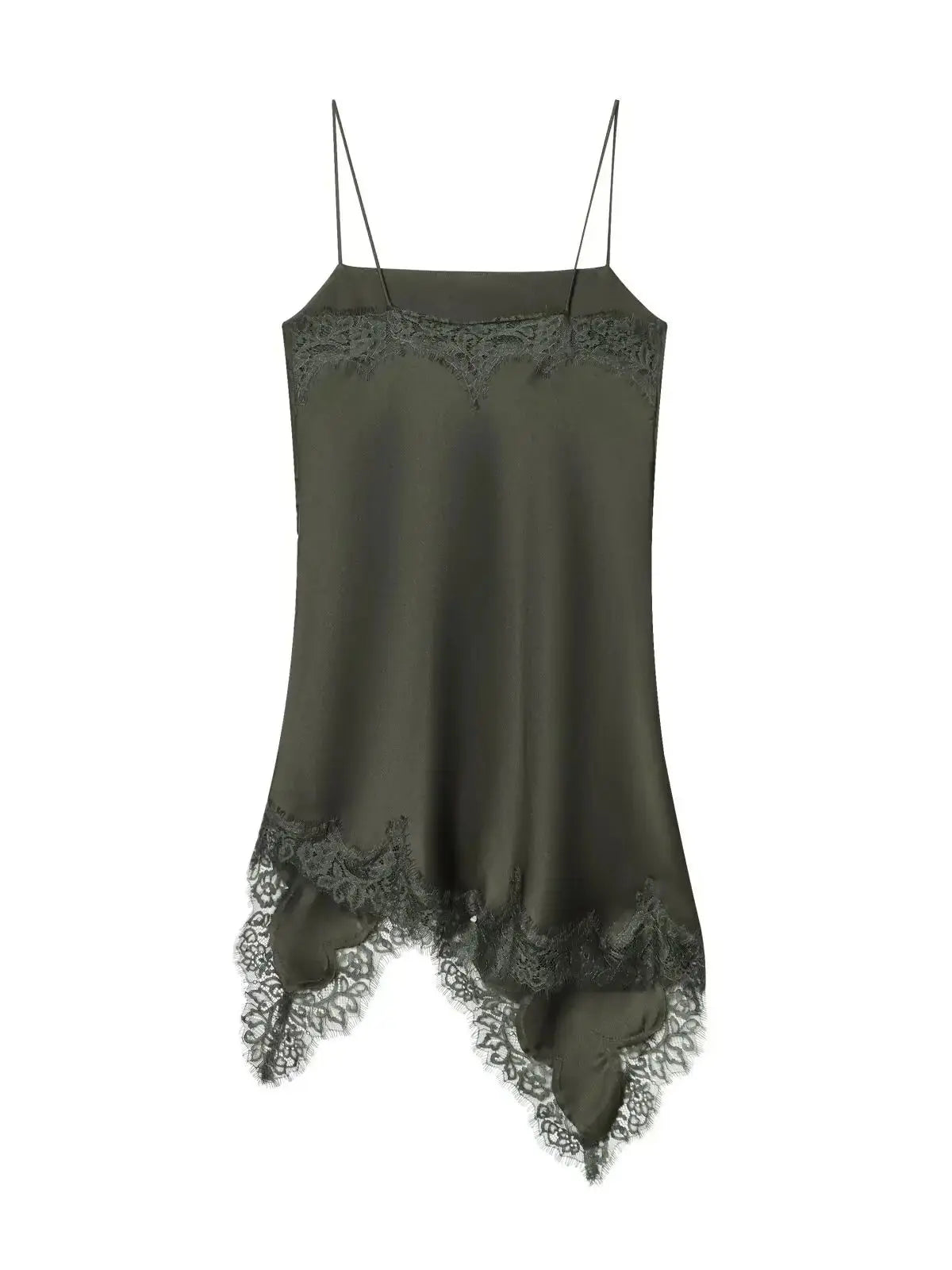 Elegant Dark Green Satin Lace Slip Evening Dress For Women