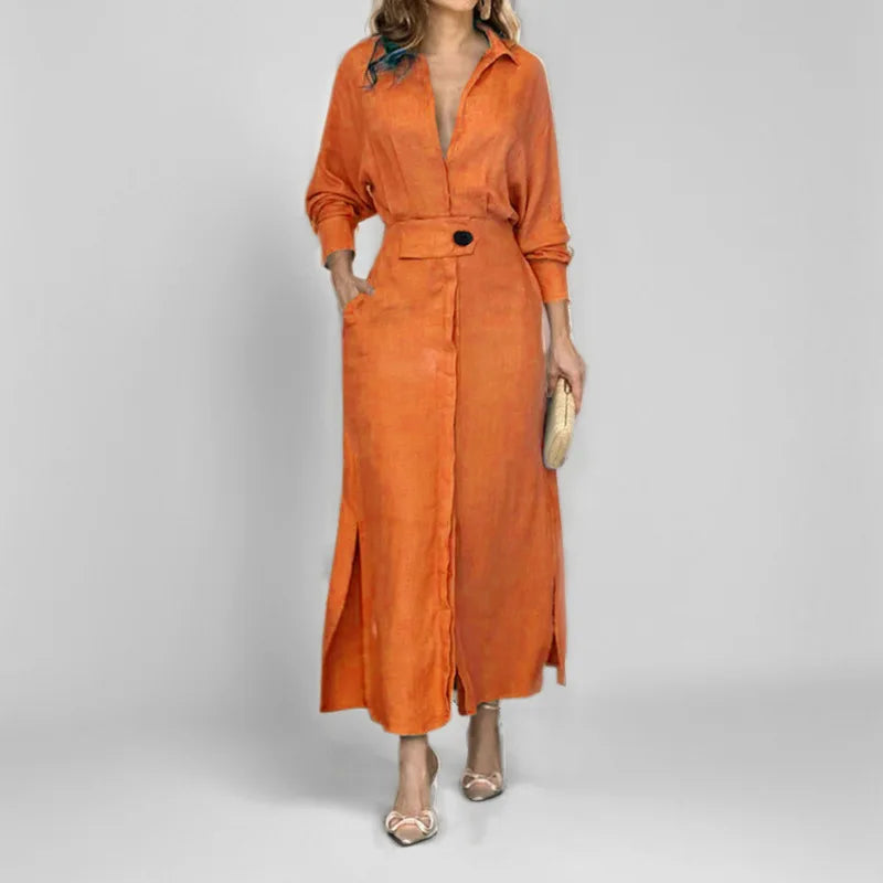 Autumn Elegant Long Sleeve V Neck Shirt Dress for Women