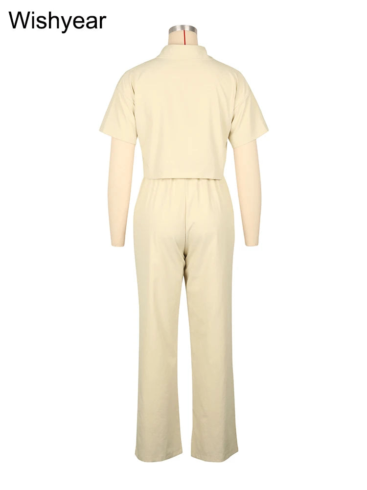 Casual Sports Linen Outfits Women's Short Sleeve Shirt and Wide Leg Pants Autumn 2 Piece Set Streetwear Office Fashion Tracksuit