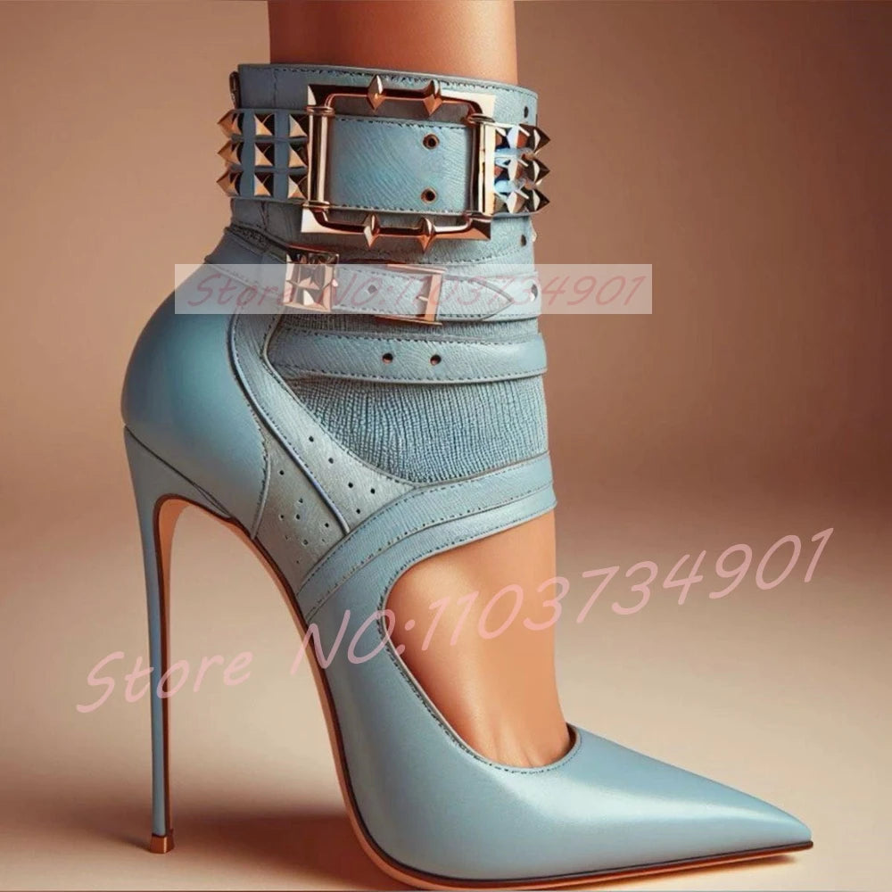 Studded Buckle Strap Cutout Boots Blue Leather for Women