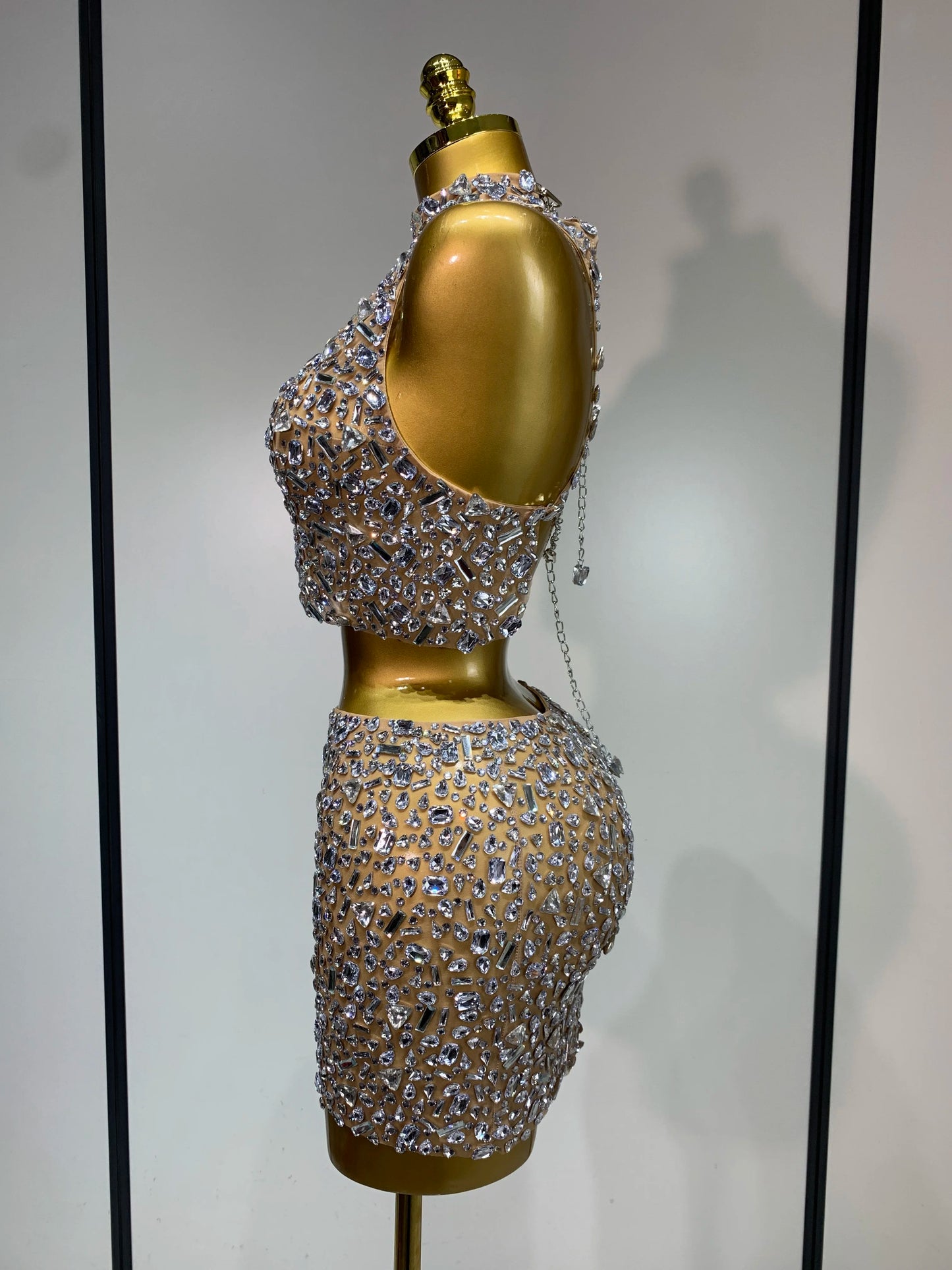 High Quality Sparkling Rhinestone Sexy See Through Blackless Top Skirt Two Pieces Set Woman Luxury Birthday Evening Party Gowns