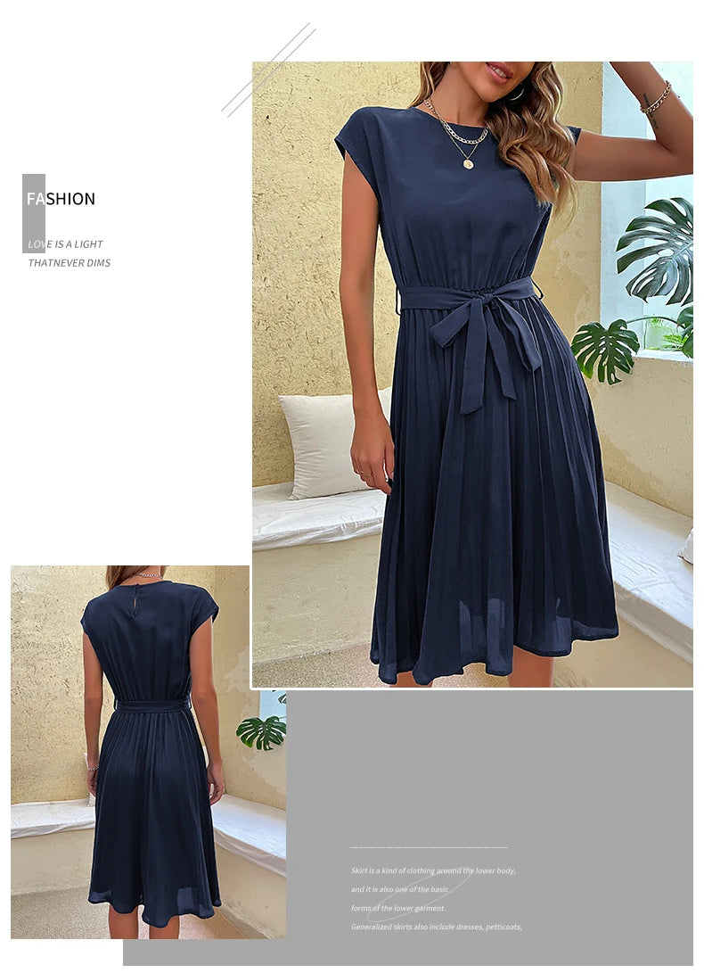 Chic Casual Pleated Short Sleeve Midi Dress for Women