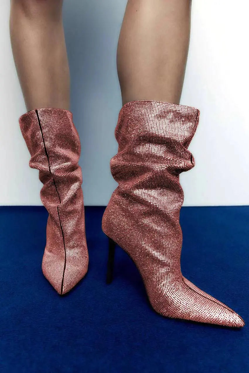 Rhinestone Embellished Pointed Toe Stiletto Boots For Women