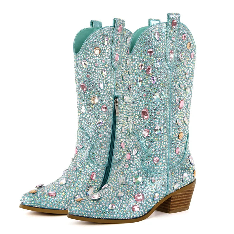 Rhinestone Knee High Cowgirl Boots With Chunky Heels for Women
