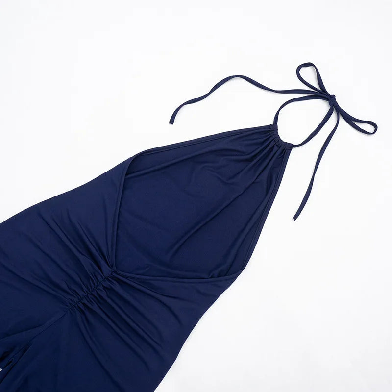Sexy Solid Color Halter Sleeveless Backless Bodycon Jumpsuit for Women
