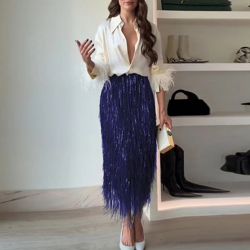 Fashion Lapel Button Shirt & Fringed Skirt Set Women Casual Long Sleeve Party Skirt Outfits Elegant Sequined Long Skirt 2Pc Suit
