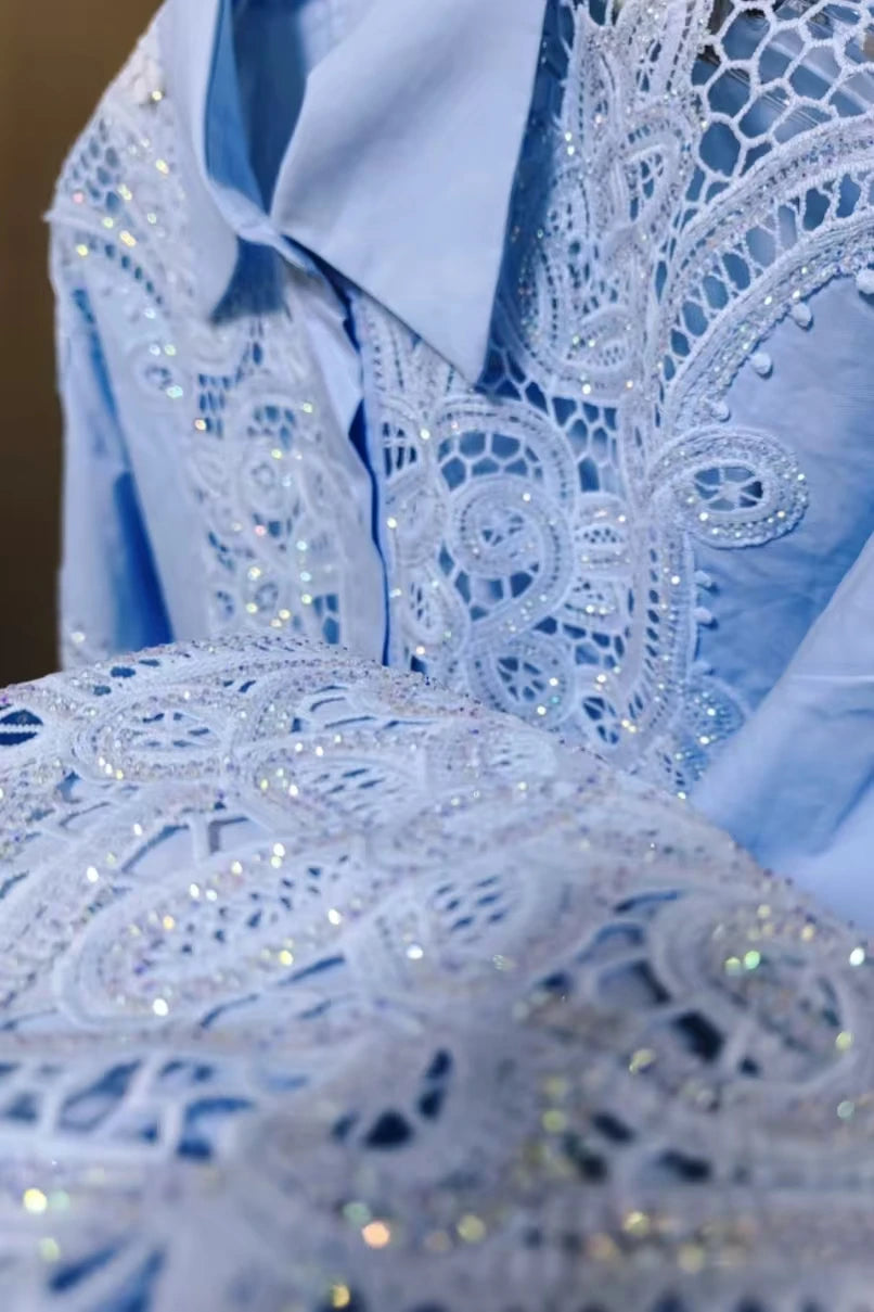 Sequined Embroidered Lantern Sleeve Hollow Out Cotton Blouse for Women