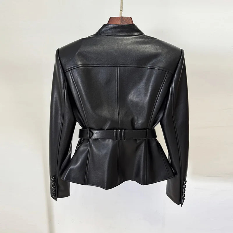 Slim Fit Faux Leather Motorcycle Jacket With Pockets for Women