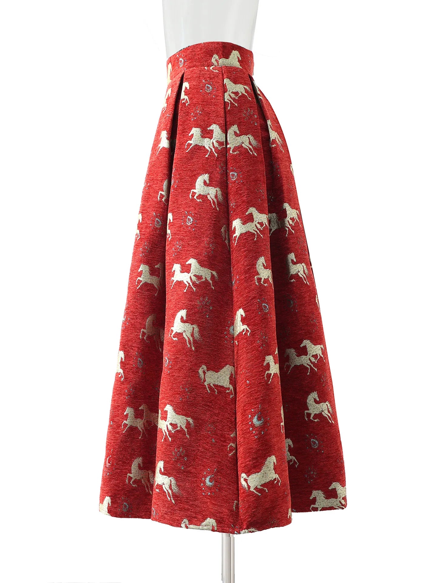 High Quality New Year Red Autumn Winter Vintage Jacquard Mid-long Women A-line Skirt Elegant High Waist Lady Casual Puff Skirts