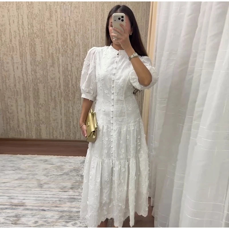 Floral Puff Sleeve Empire Waist Long Dress for Women