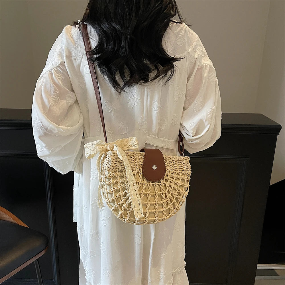 Straw Knitted Shoulder Bag With Bowknot Handmade for Women