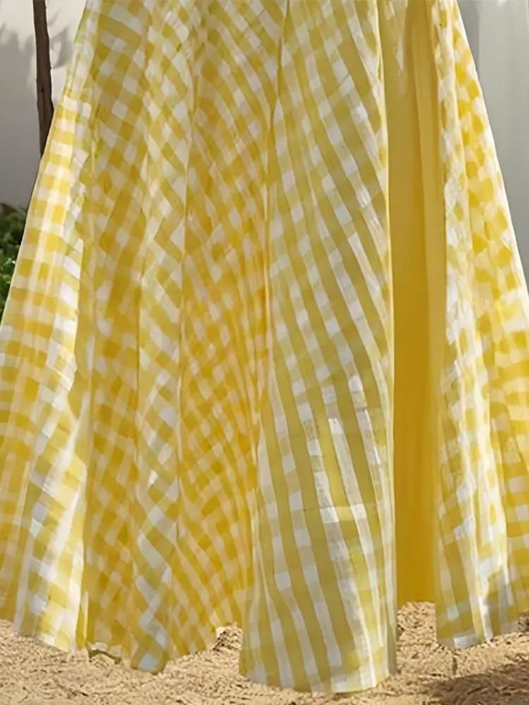 Dopamine Yellow Plaid Pleated Waist Midi Skirt for Women