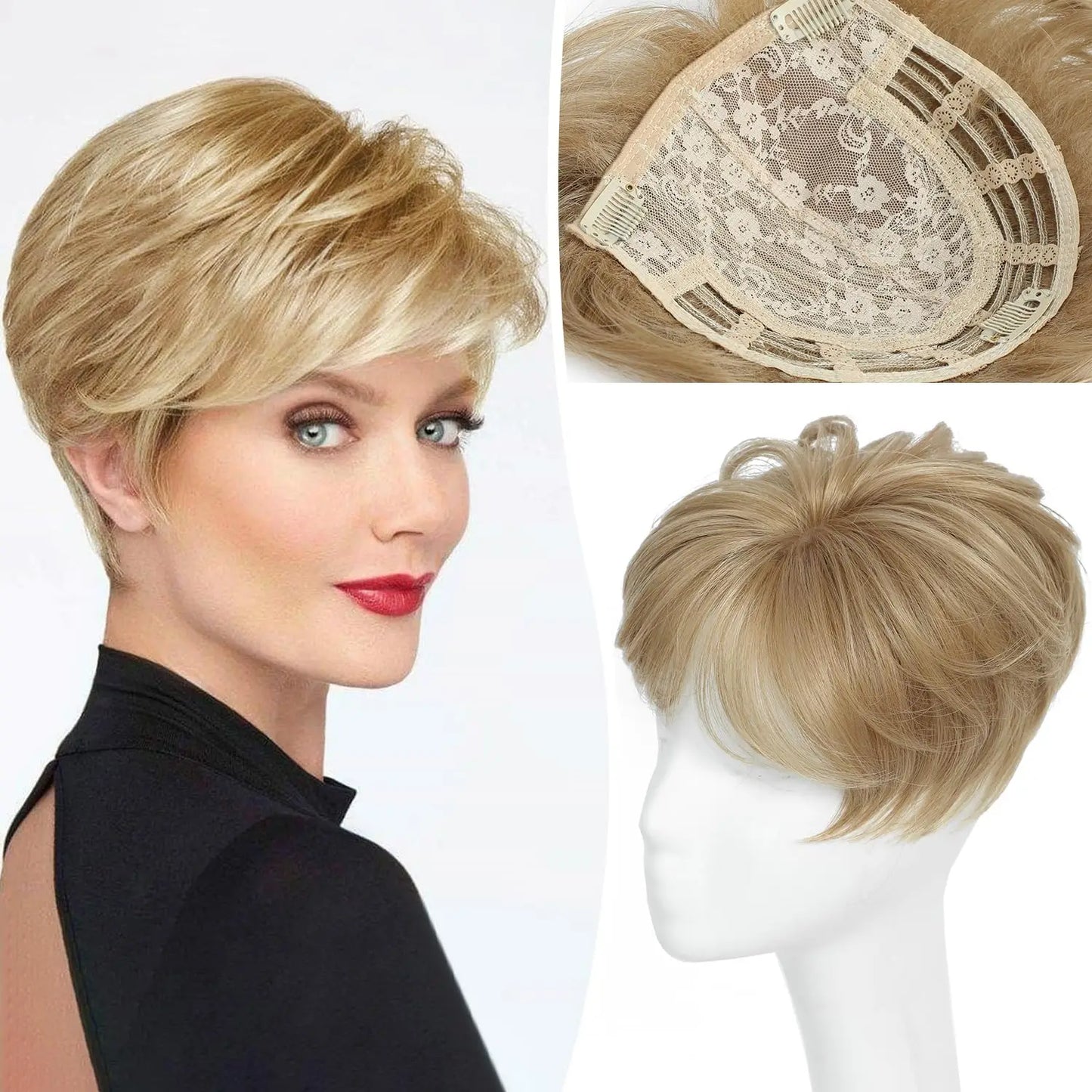 Pixie Cut Hair Toppers for Women 6.8" x 7" Short Hair Topper Fluffy Synthetic Hair Topper Clip in Top Wavy Replacement Wiglets