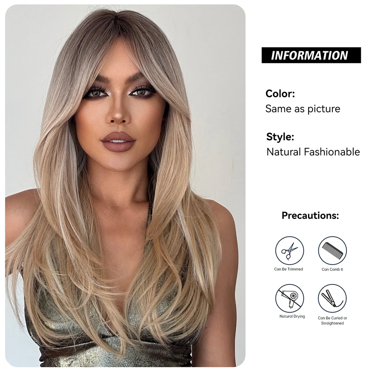 Long Straight Layered Blonde Wig With Bangs for Women