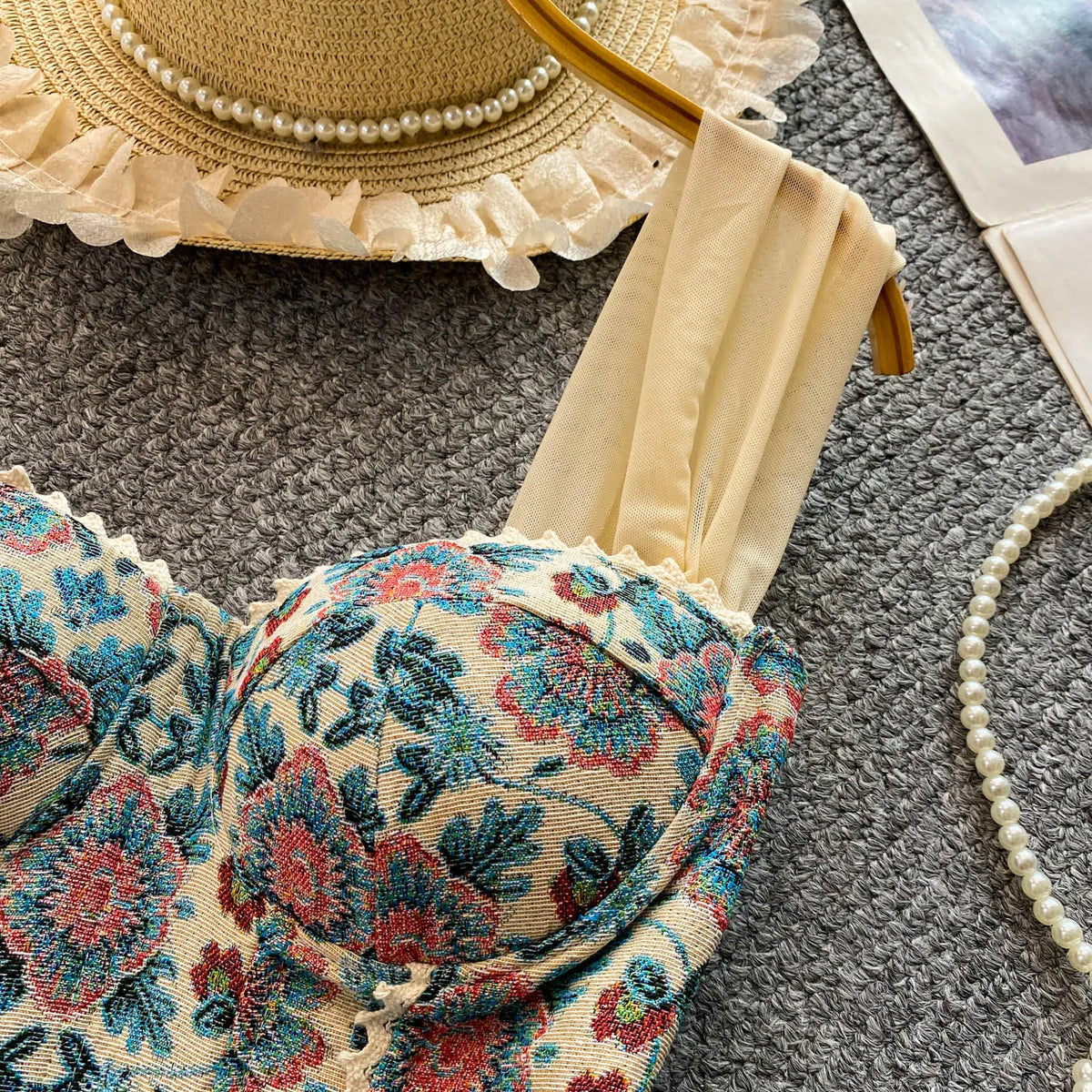 Vintage Floral Lace Spliced Camisole Tank Top for Women