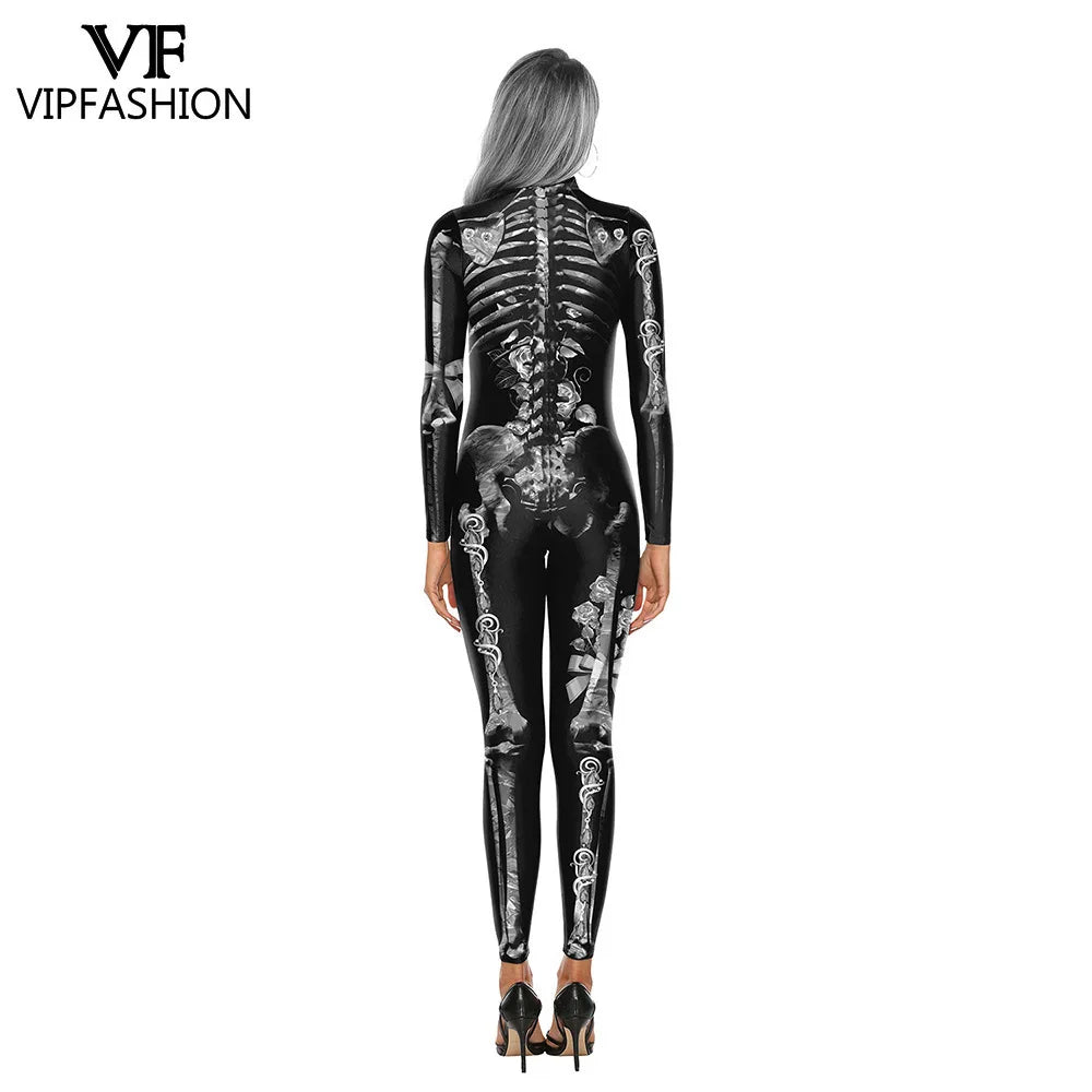 Floral Skull Halloween Skeleton Print Bodysuit for Women