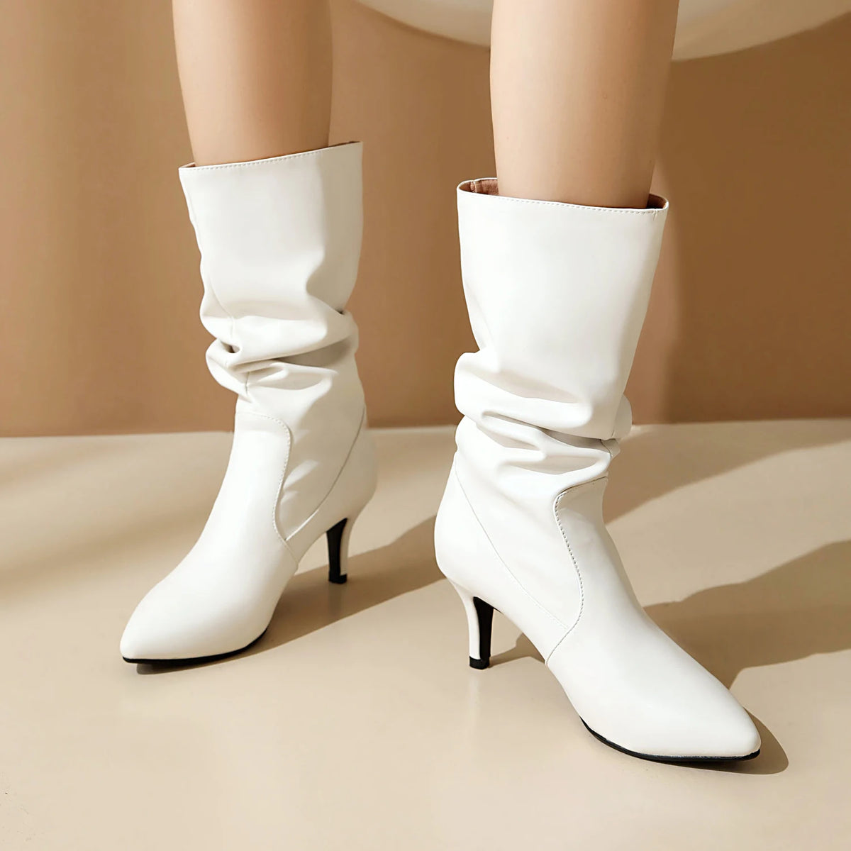 Metallic Pleated Pointed Toe Mid-Calf Stiletto Boots for Women