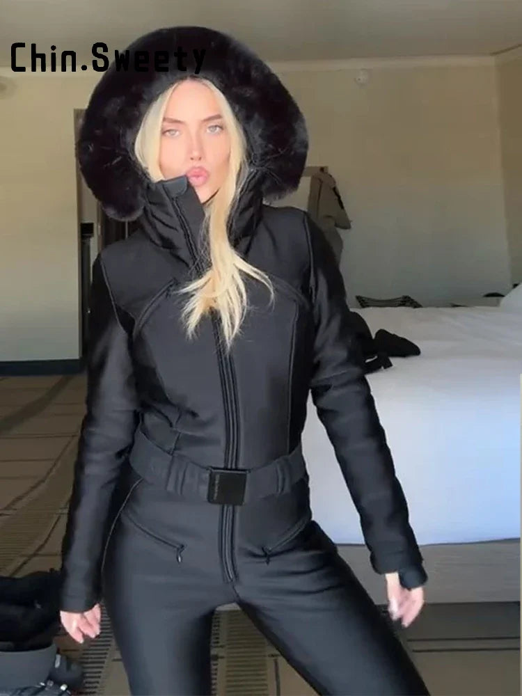 High Waist Full Zip Hooded Windproof Ski Jumpsuit For Women