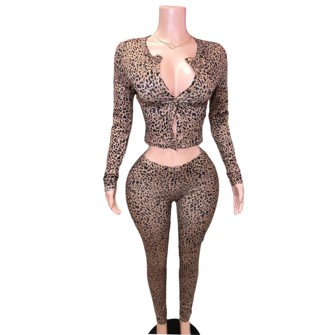 FAGADOER Fashion Leopard Print 2 Piece Sets Women Outfit Long Sleeve Crop Top + Low Waist Skinny Pants Suits Female Streetwear