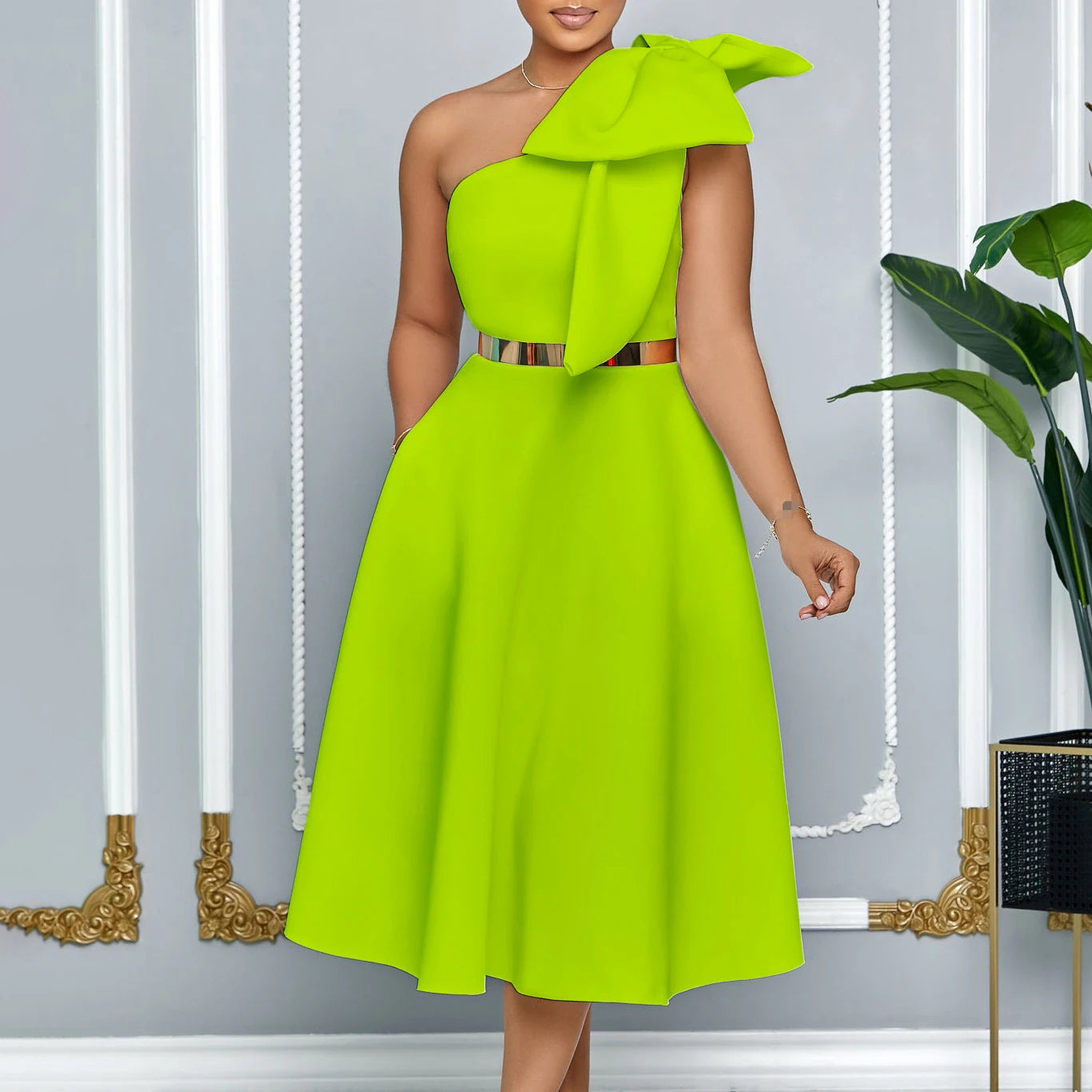 Dress One Shoulder A Line Pleated Knee Length Sleeveless Bow Belt Elegant Party Style