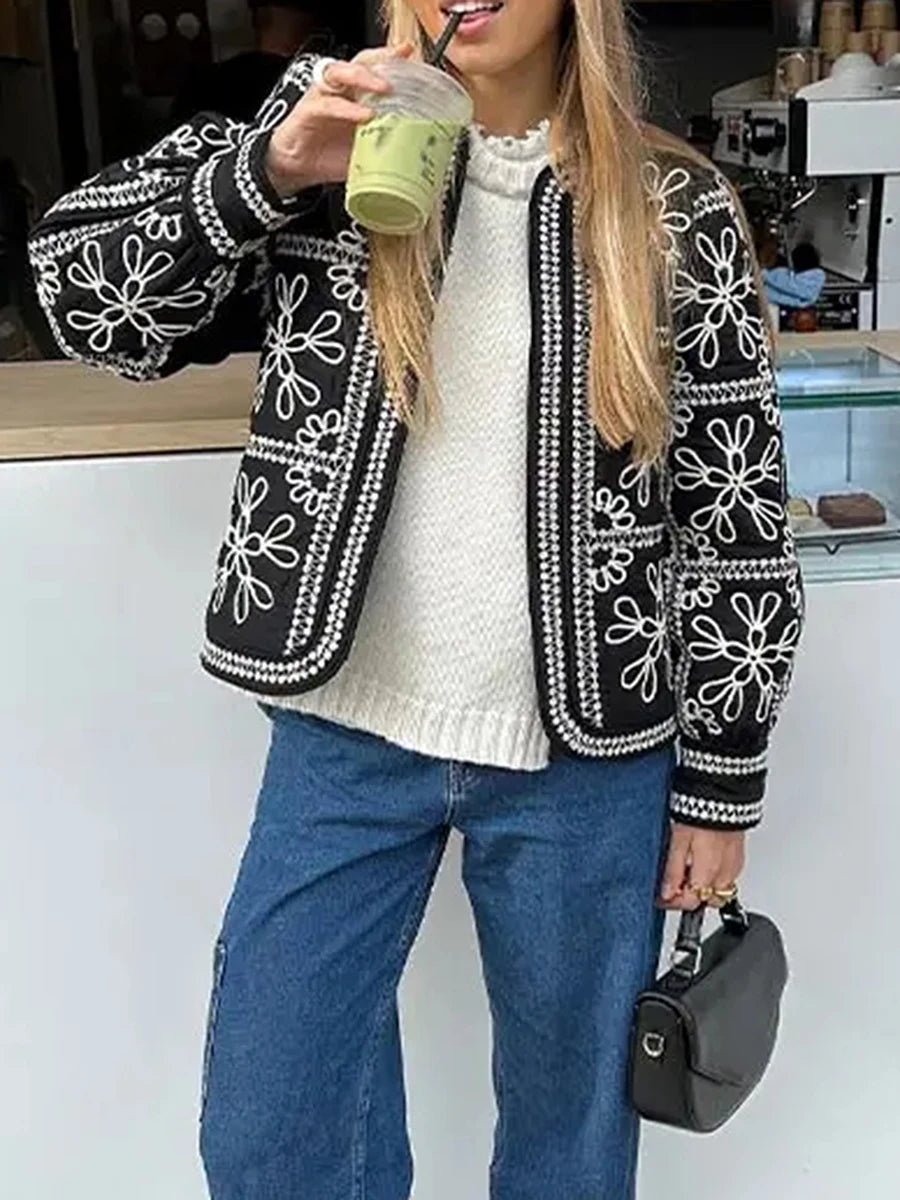 Women'S Retro Open Front Printed Embroidered Jacket, Lightweight Casual Long Sleeved Autumn Street Fashion Cardigan