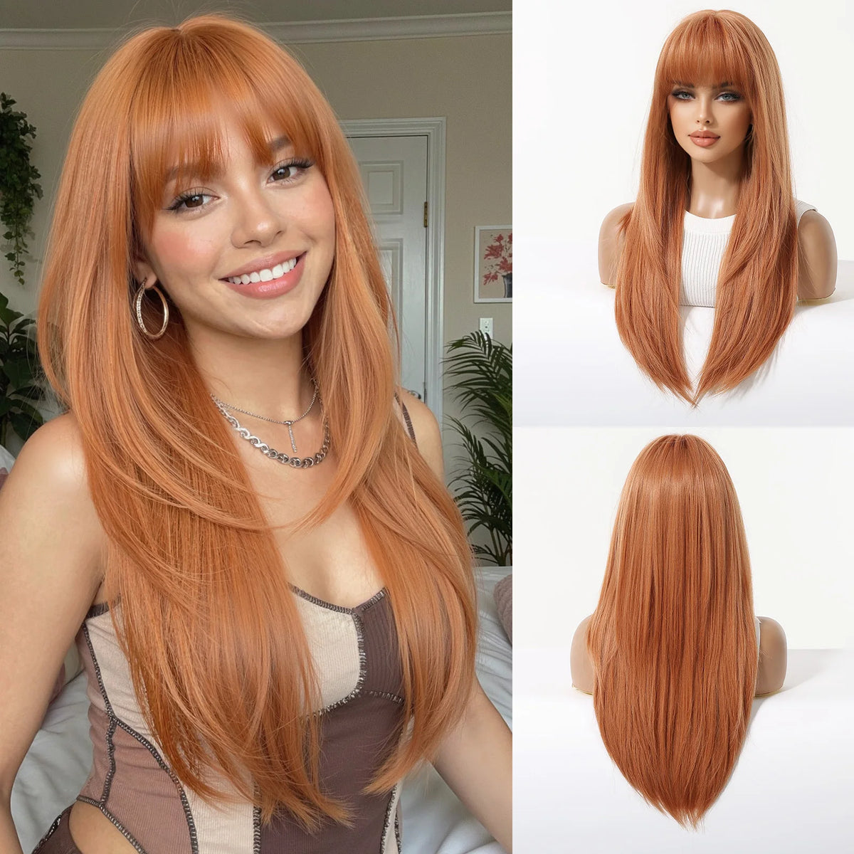 Long Layered Orange Straight Wig With Bangs for Women