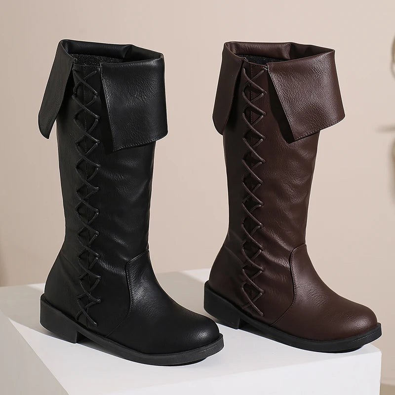 Retro Cross-Tied Flat Mid-Calf Costume Boots for Women